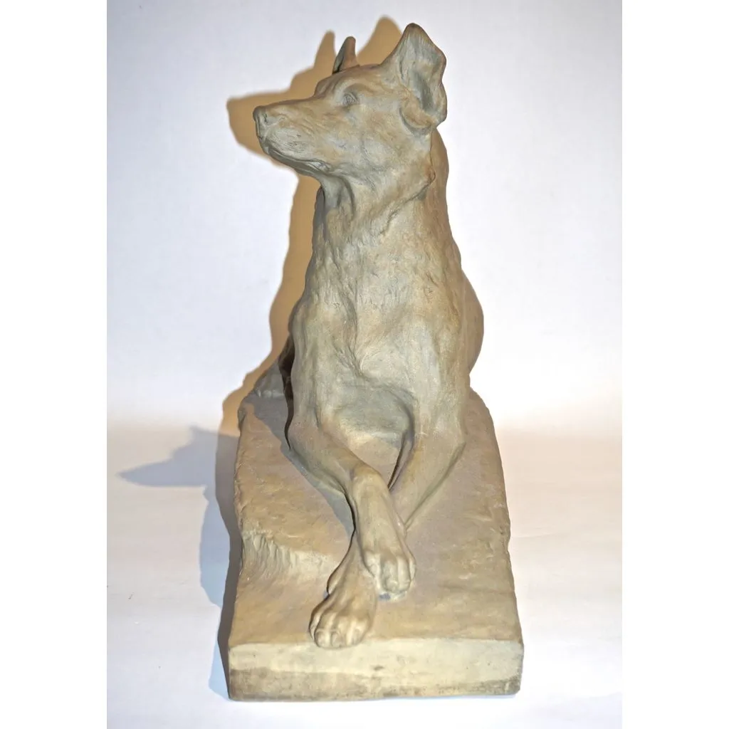 Charles Virion 1920 Antique Gray Terracotta Sculpture of a German Shepherd Dog