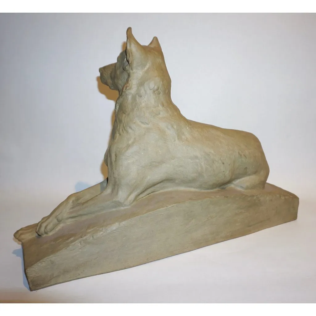 Charles Virion 1920 Antique Gray Terracotta Sculpture of a German Shepherd Dog