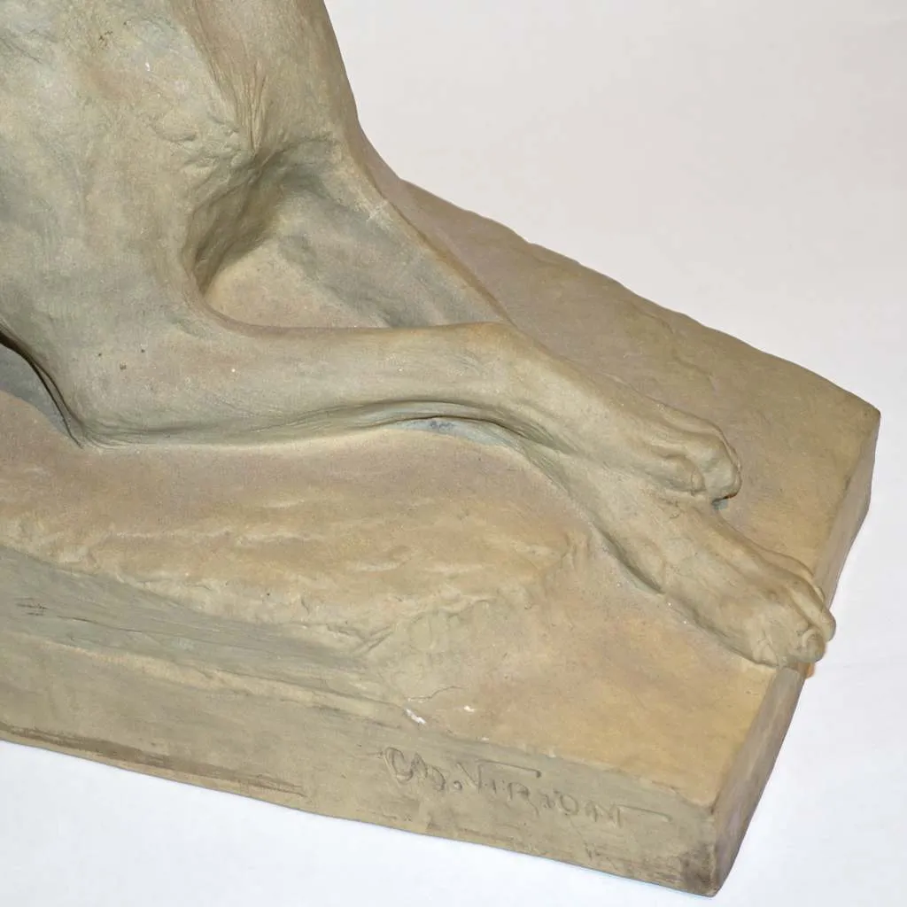 Charles Virion 1920 Antique Gray Terracotta Sculpture of a German Shepherd Dog