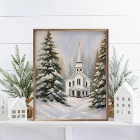 Church With Snow Wood Framed Print 