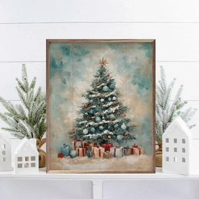 Coastal Holiday Tree Wood Framed Print 