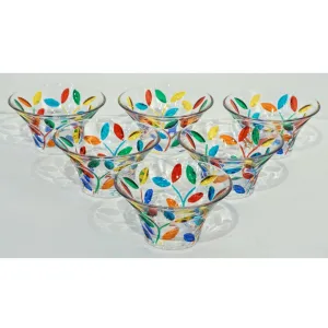 Colleoni Modern Set of 6 Crystal Murano Glass Cups / Bowls with Colorful Leaves 