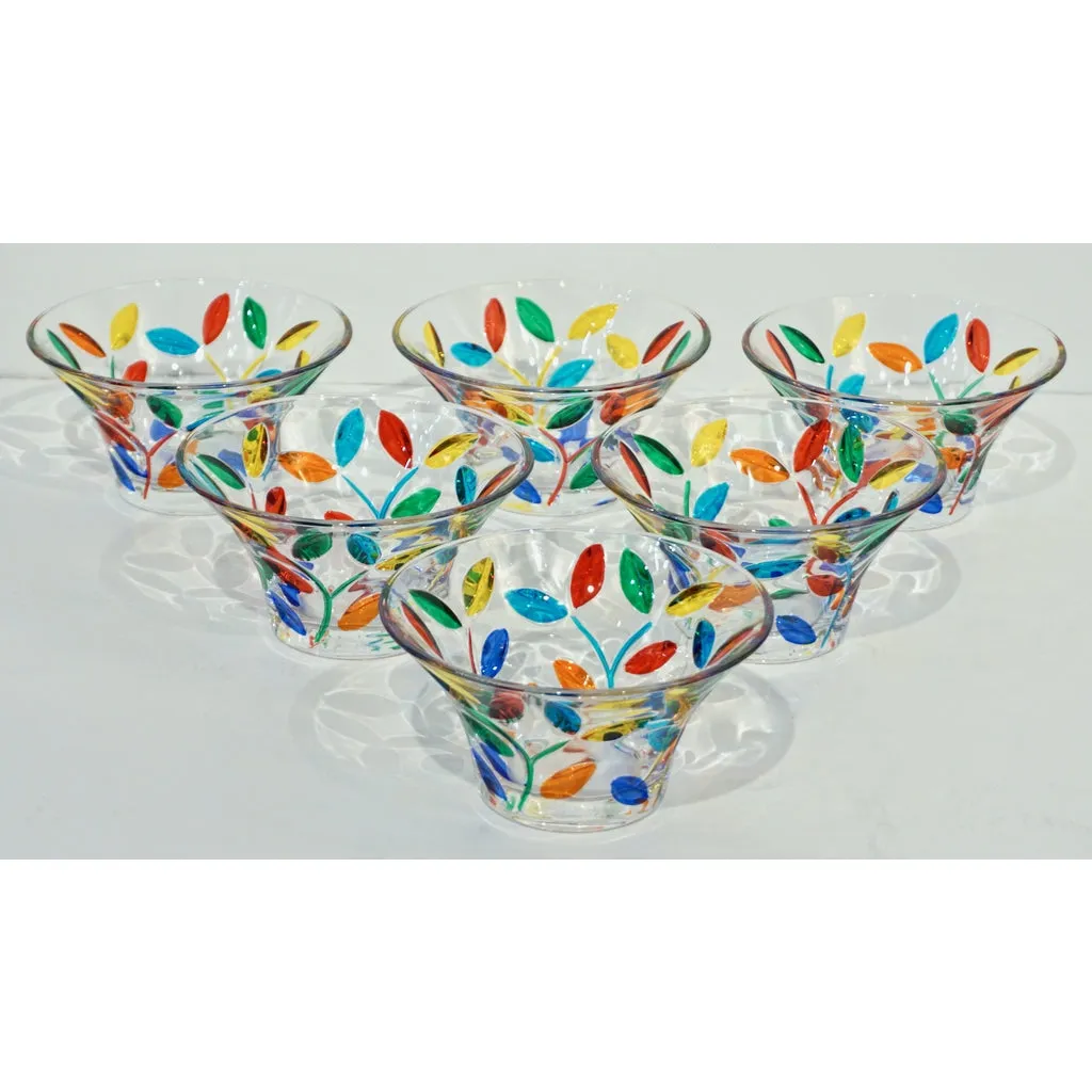 Colleoni Modern Set of 6 Crystal Murano Glass Cups / Bowls with Colorful Leaves 