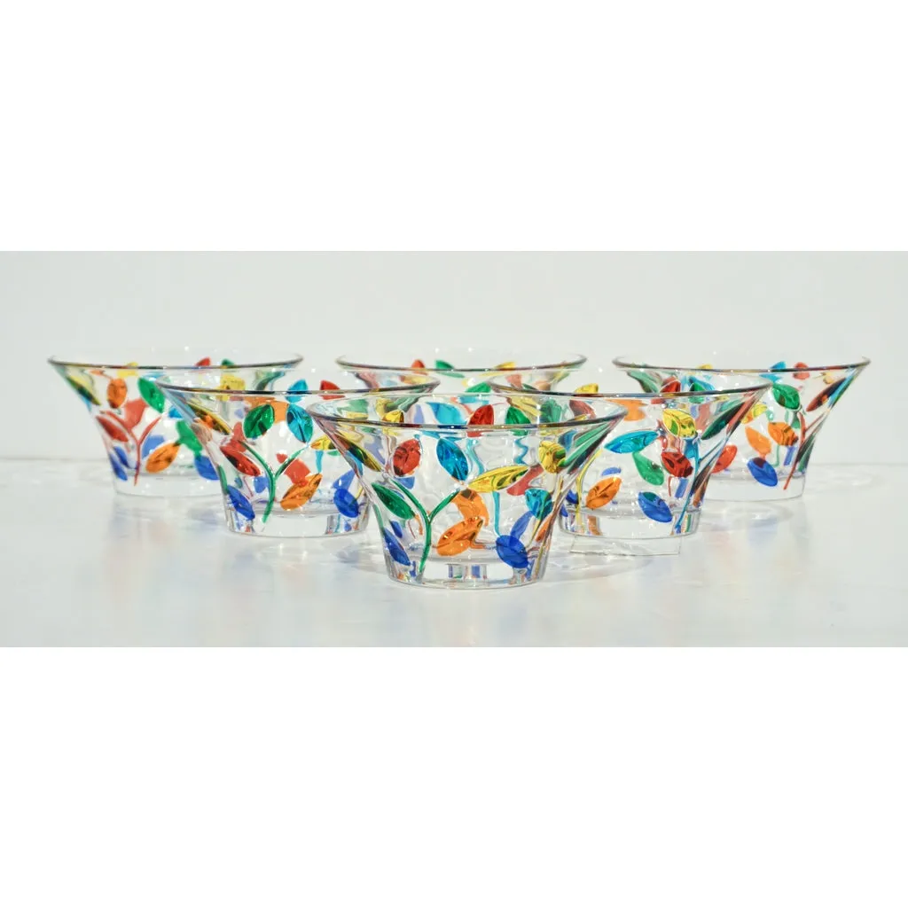 Colleoni Modern Set of 6 Crystal Murano Glass Cups / Bowls with Colorful Leaves