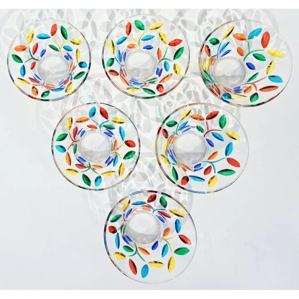 Colleoni Modern Set of 6 Crystal Murano Glass Cups / Bowls with Colorful Leaves