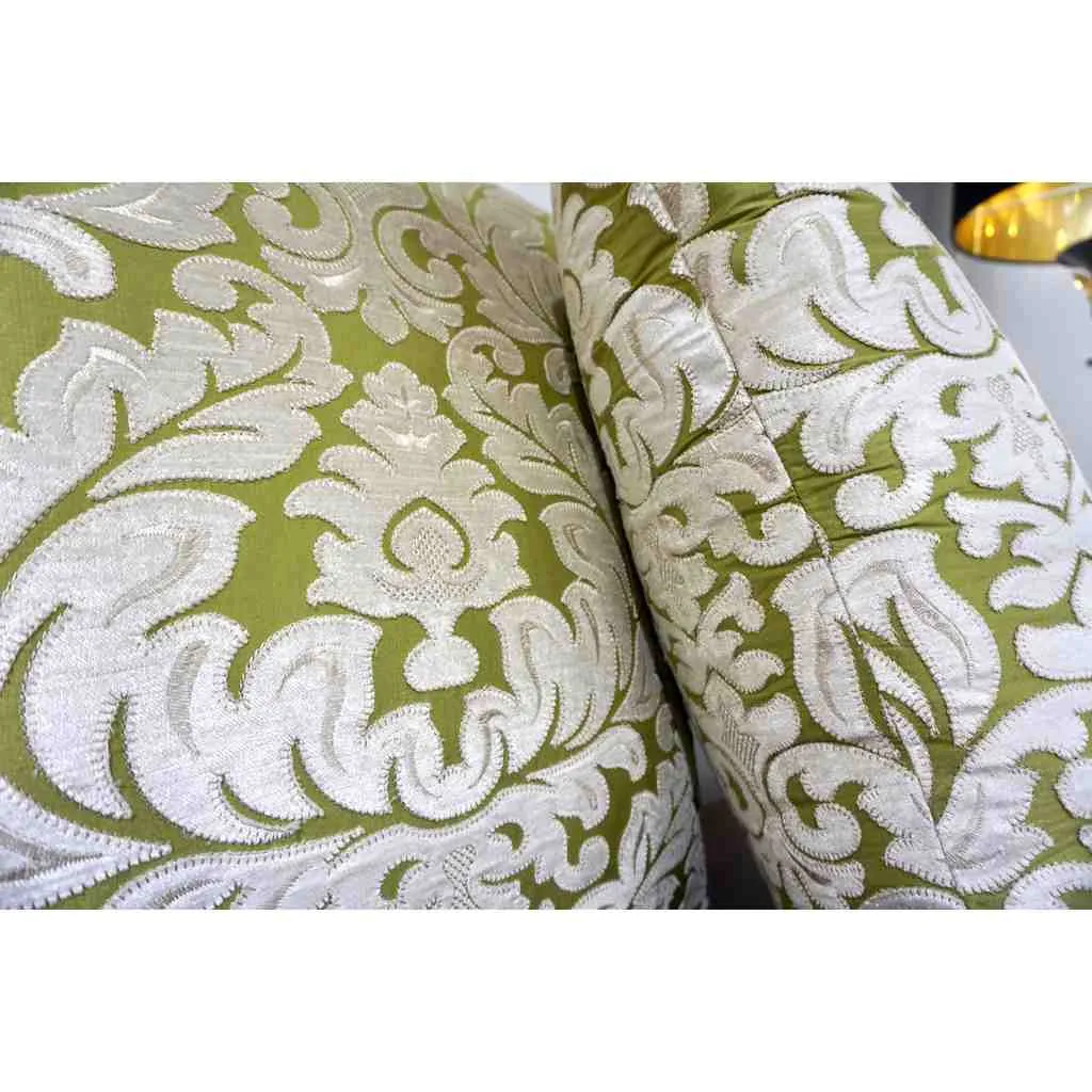 Contemporary French Green and Ivory White Damask Velvet Throw Pillows