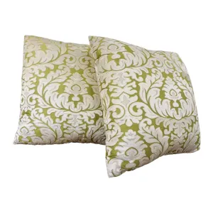 Contemporary French Green and Ivory White Damask Velvet Throw Pillows 