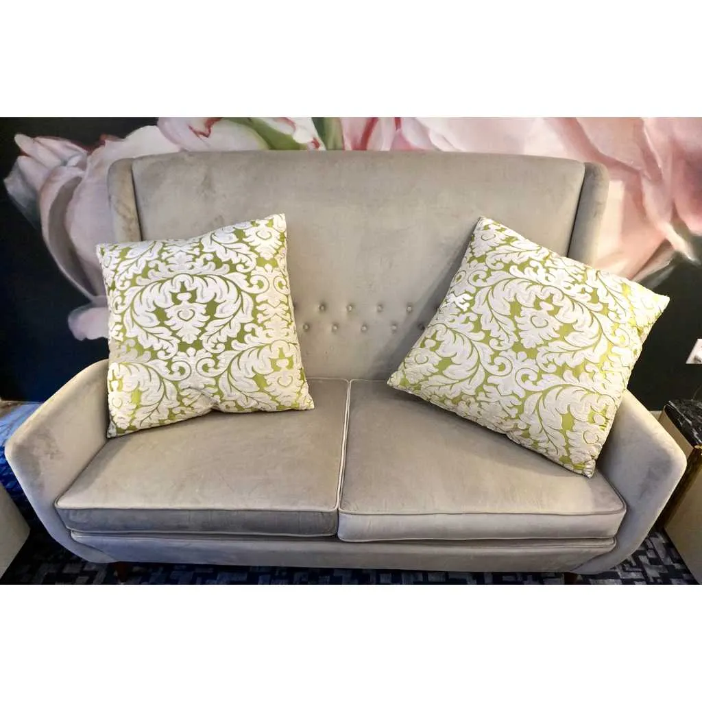 Contemporary French Green and Ivory White Damask Velvet Throw Pillows