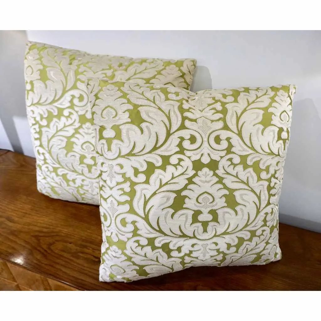 Contemporary French Green and Ivory White Damask Velvet Throw Pillows