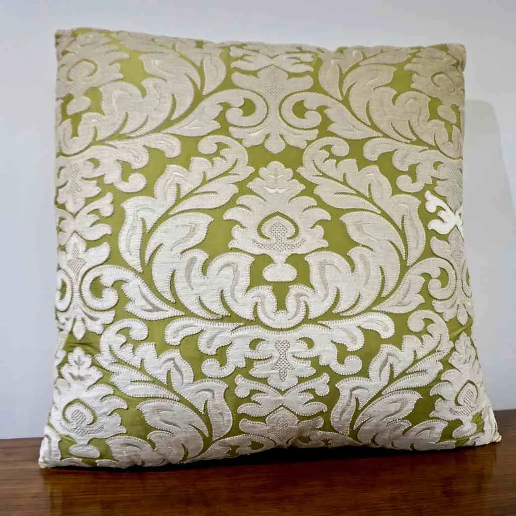 Contemporary French Green and Ivory White Damask Velvet Throw Pillows