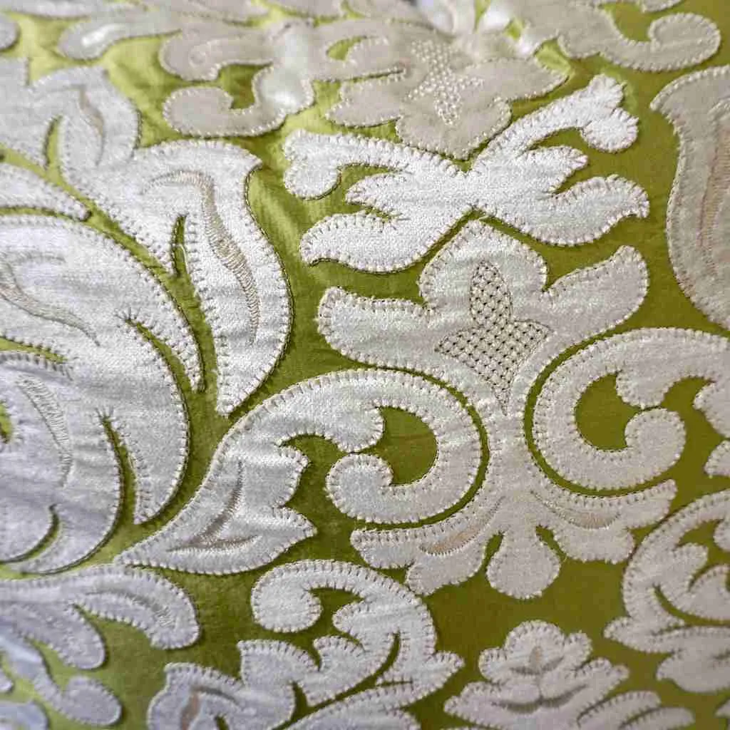 Contemporary French Green and Ivory White Damask Velvet Throw Pillows