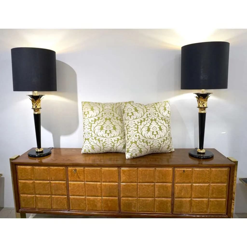 Contemporary French Green and Ivory White Damask Velvet Throw Pillows