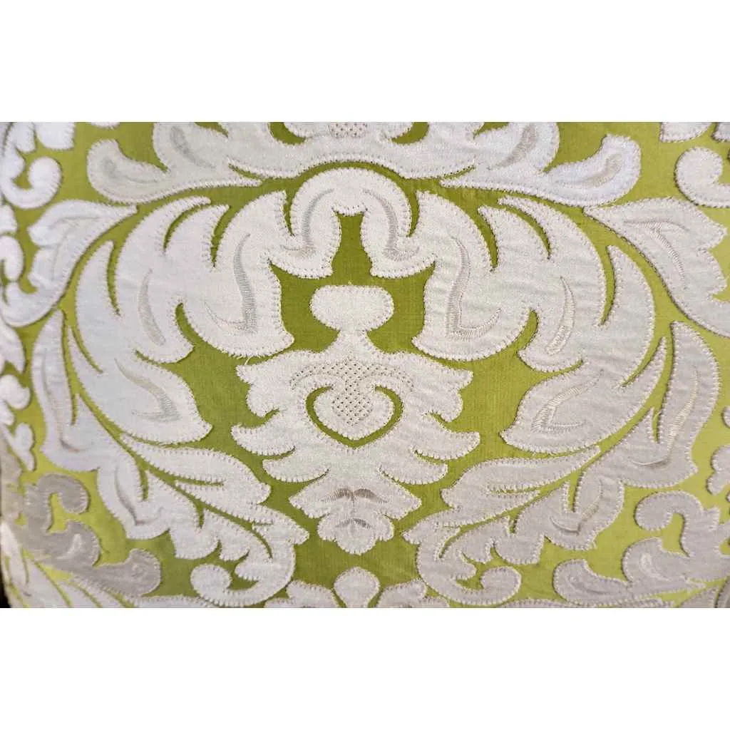 Contemporary French Green and Ivory White Damask Velvet Throw Pillows