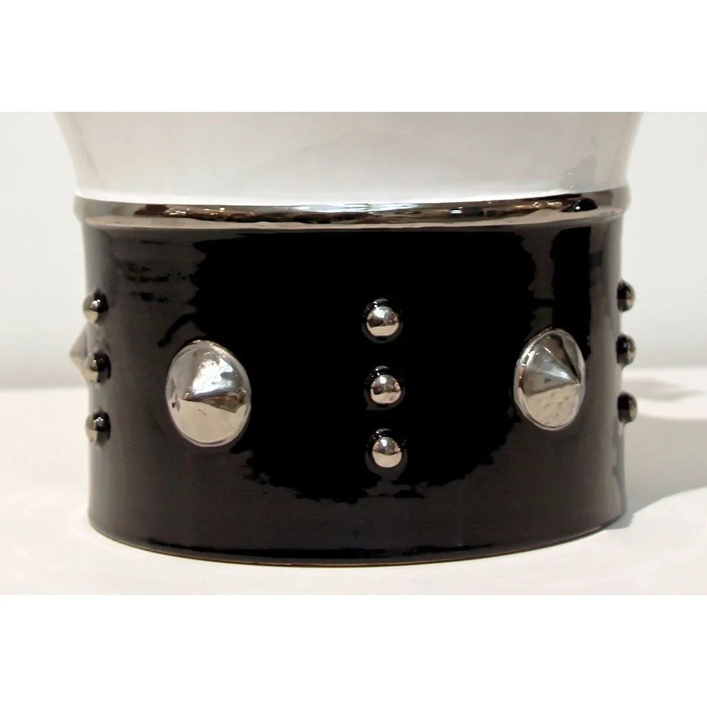 Contemporary Italian Enameled Black White Majolica Crown Bowl & Platinum Accents