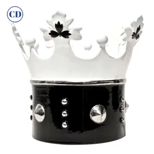 Contemporary Italian Enameled Black White Majolica Crown Bowl & Platinum Accents 