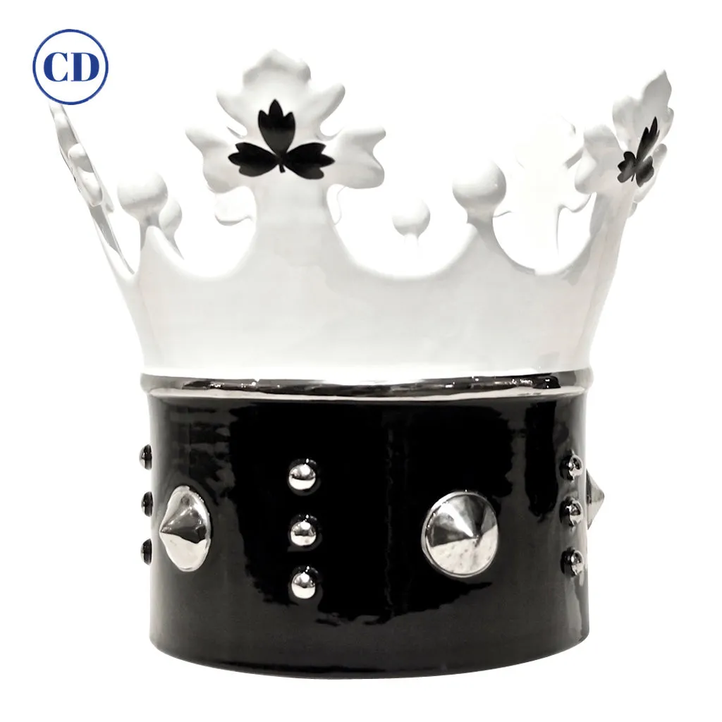 Contemporary Italian Enameled Black White Majolica Crown Bowl & Platinum Accents 