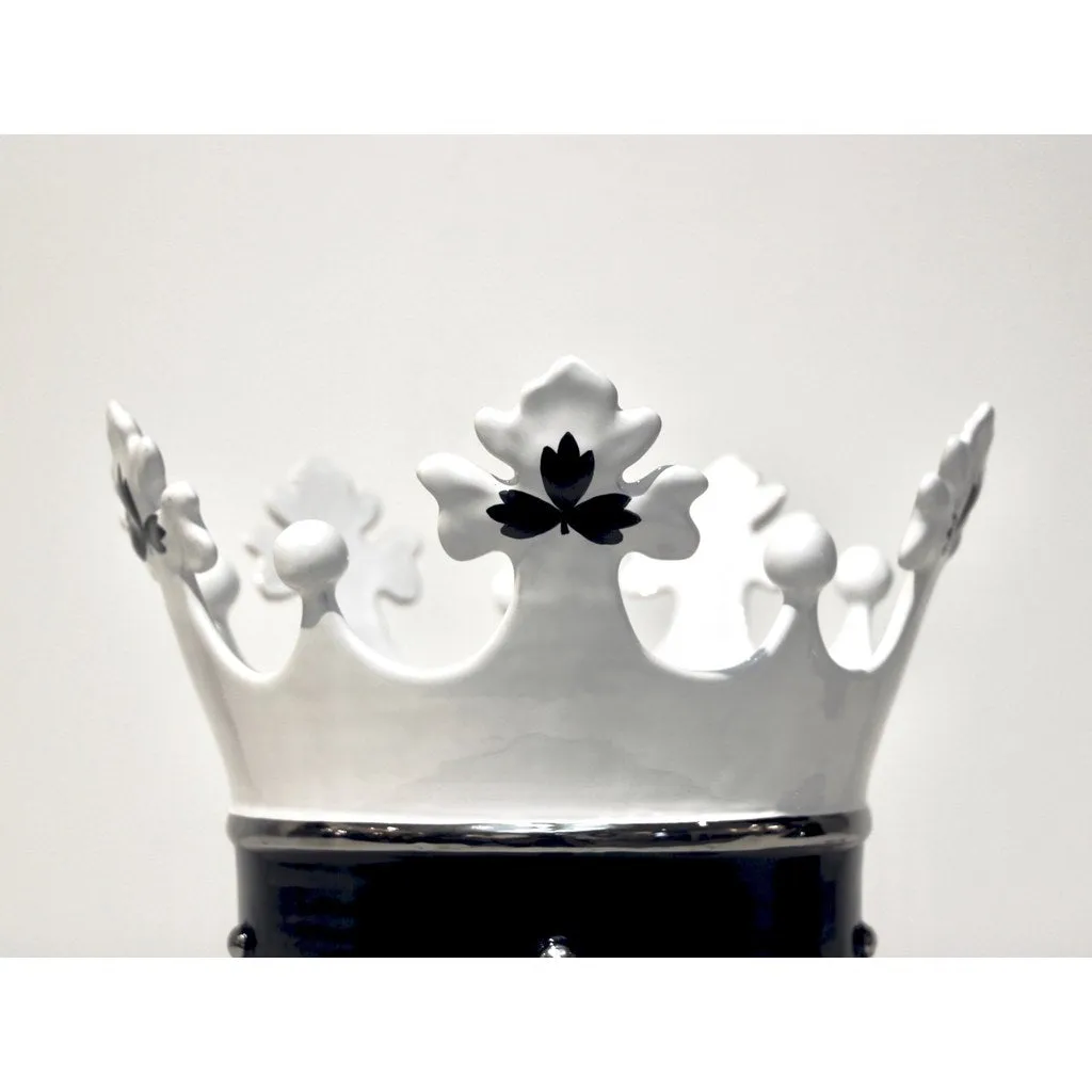 Contemporary Italian Enameled Black White Majolica Crown Bowl & Platinum Accents