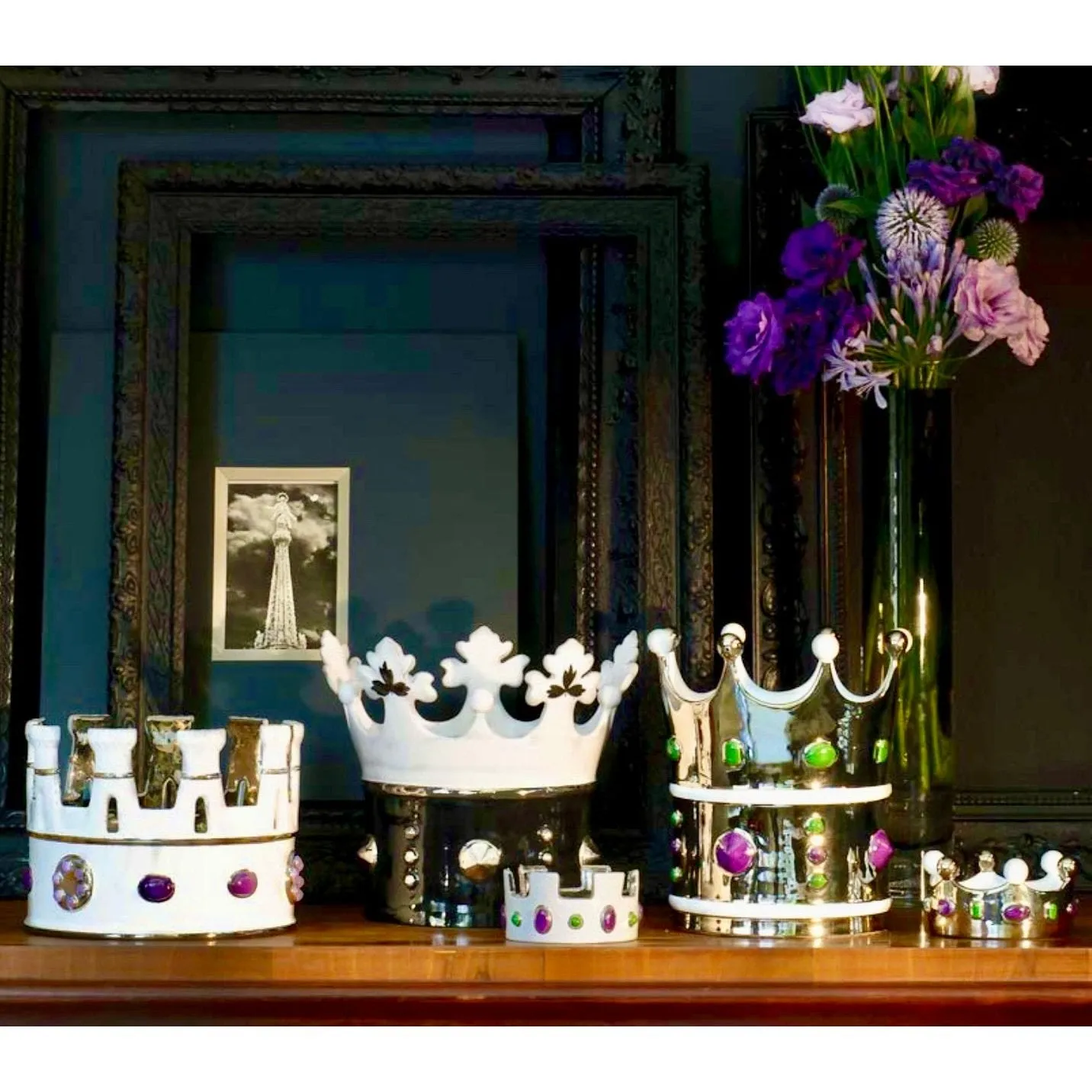 Contemporary Italian Enameled Black White Majolica Crown Bowl & Platinum Accents