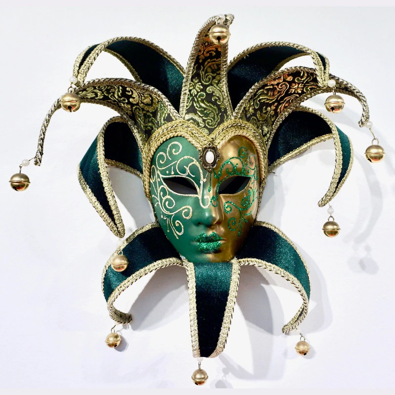 Contemporary Italian Green Gold Venice Modern Mask With Jester Collar And Bells 