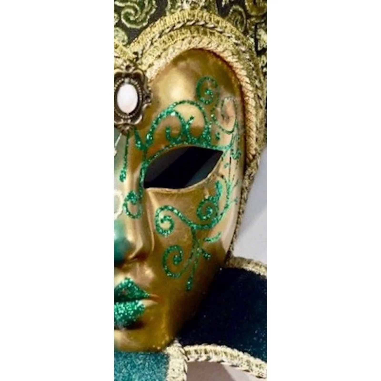 Contemporary Italian Green Gold Venice Modern Mask With Jester Collar And Bells