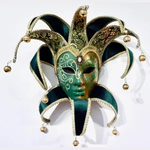 Contemporary Italian Green Gold Venice Modern Mask With Jester Collar And Bells 