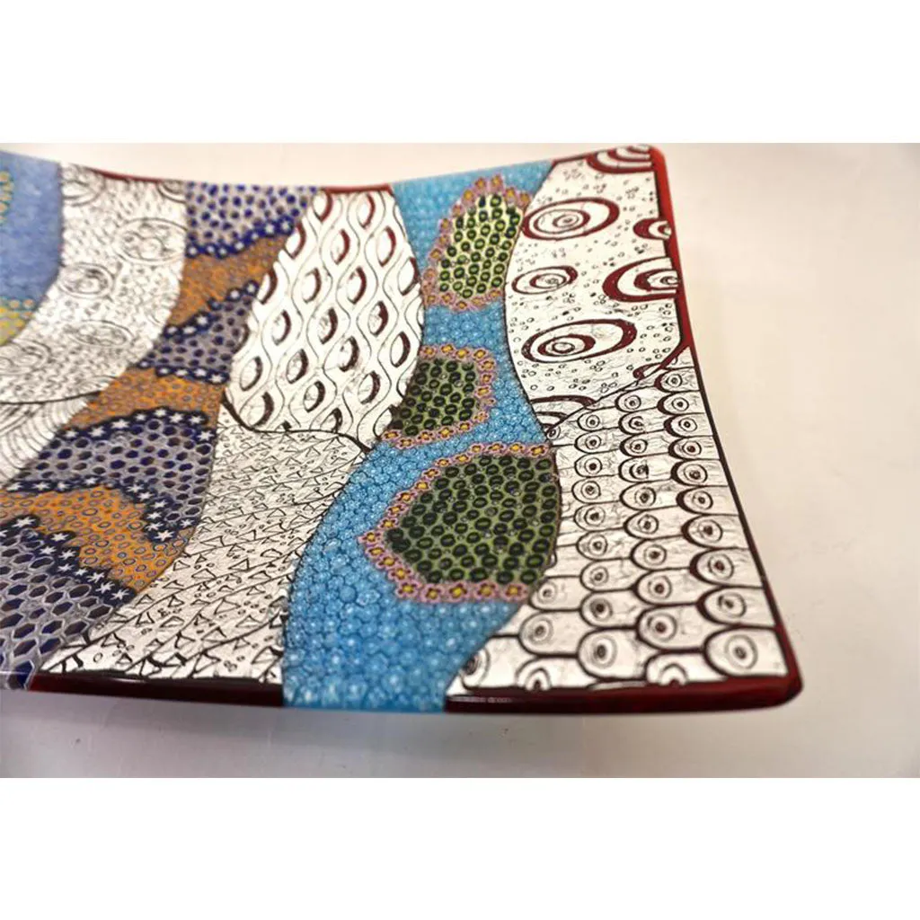 Contemporary Italian Murano Glass Silver Blue Green Mosaic Centerpiece on Red