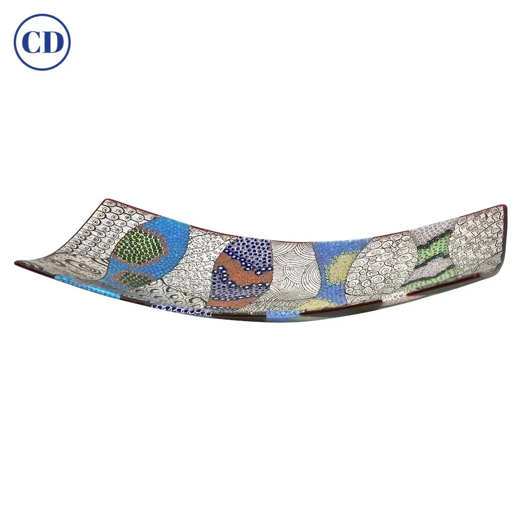 Contemporary Italian Murano Glass Silver Blue Green Mosaic Centerpiece on Red 