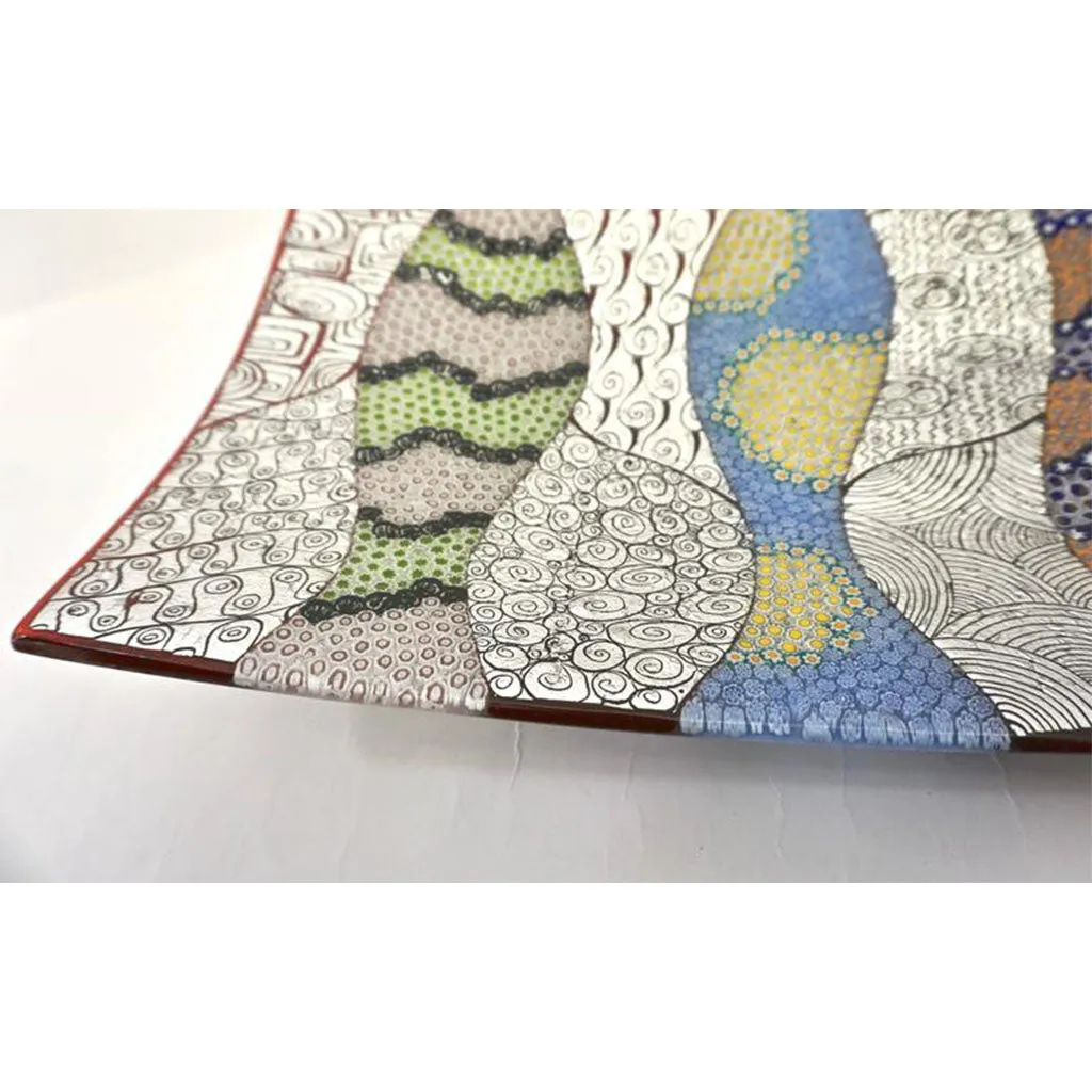 Contemporary Italian Murano Glass Silver Blue Green Mosaic Centerpiece on Red