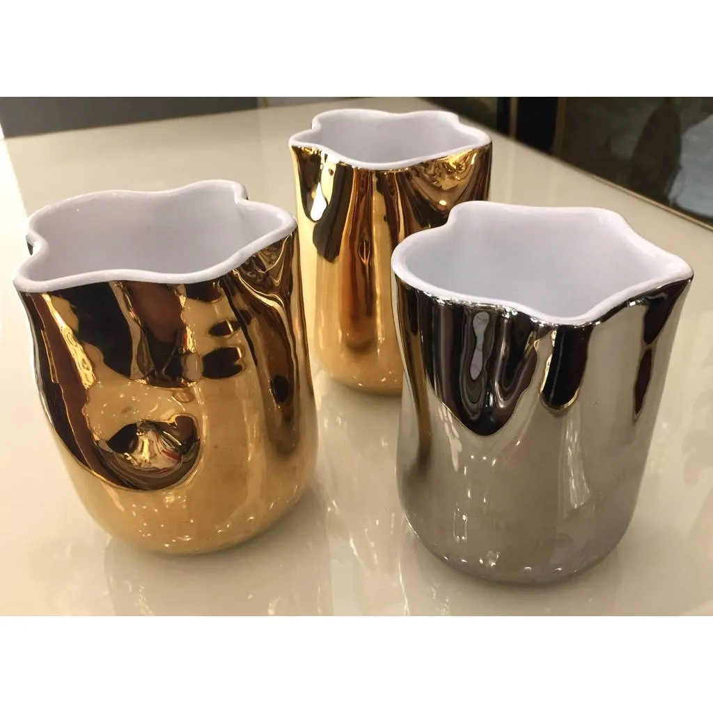 Contemporary Italian White Ceramic Tumblers Decorated with Pure Platinum or Gold