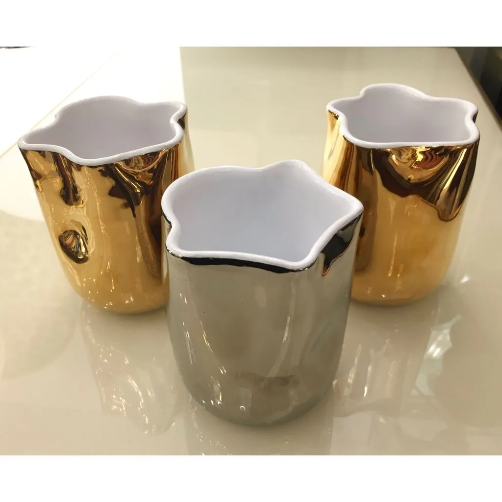 Contemporary Italian White Ceramic Tumblers Decorated with Pure Platinum or Gold