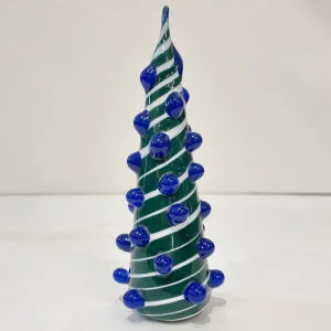 Contemporary Italian White Green Blue Murano Glass Christmas Tree Cone Sculpture 