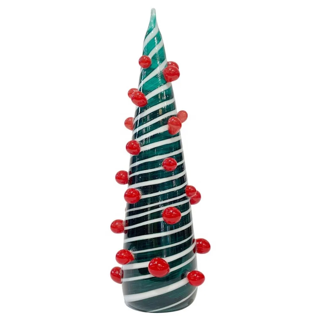 Contemporary Italian White Green Red Murano Glass Christmas Tree Cone Sculpture 