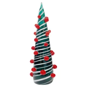 Contemporary Italian White Green Red Murano Glass Christmas Tree Cone Sculpture 