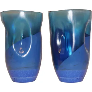 Contemporary Minimalist Iridescent Royal Blue Murano Glass Pair of Modern Vases 