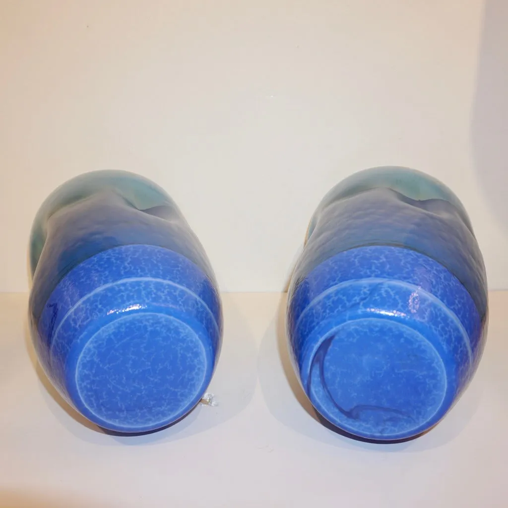 Contemporary Minimalist Iridescent Royal Blue Murano Glass Pair of Modern Vases