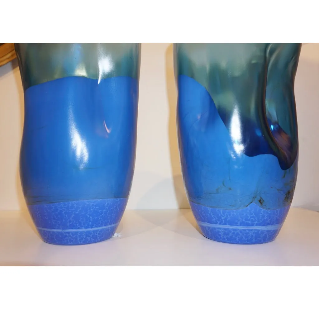 Contemporary Minimalist Iridescent Royal Blue Murano Glass Pair of Modern Vases
