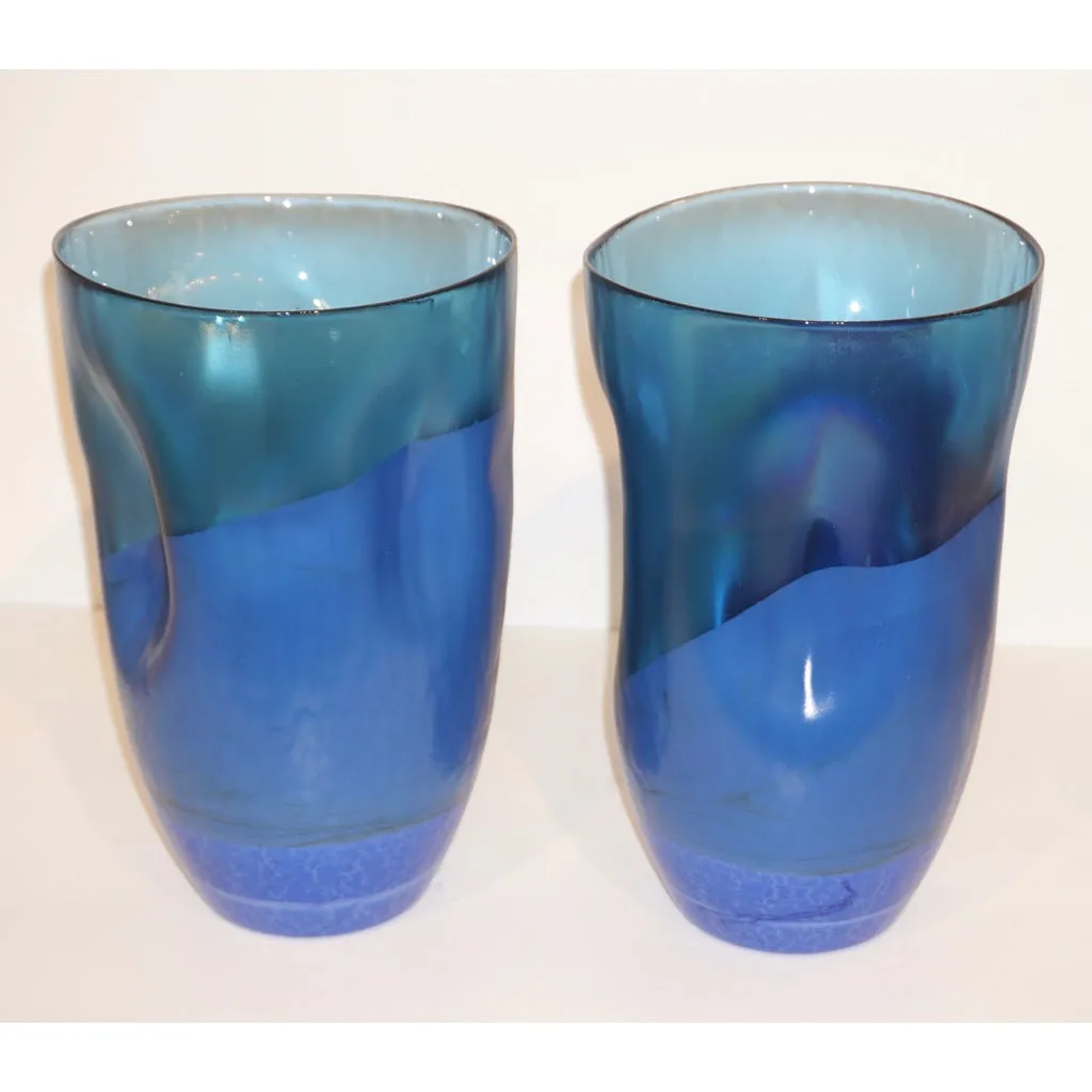 Contemporary Minimalist Iridescent Royal Blue Murano Glass Pair of Modern Vases