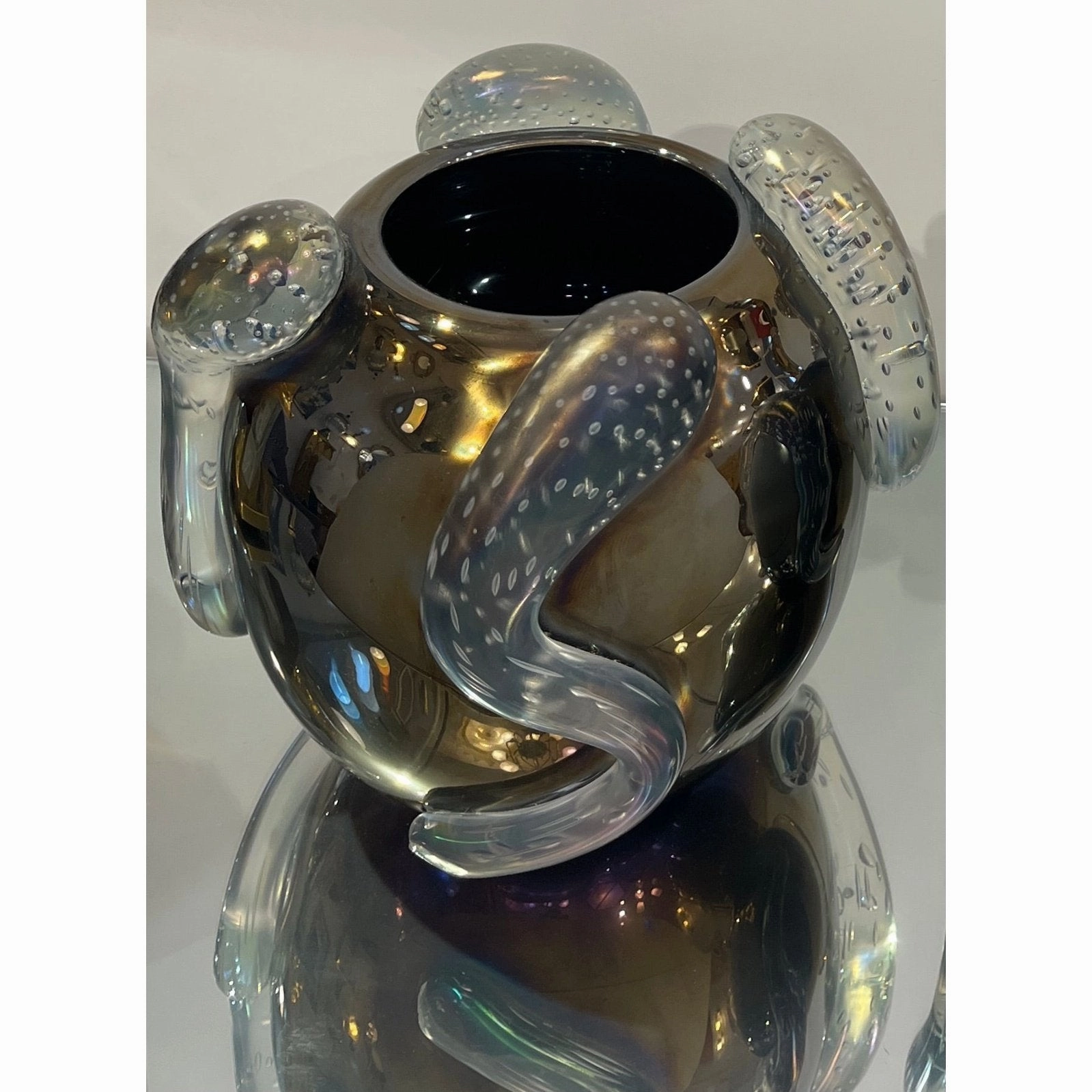 Costantini Italian Sculpture Iridescent Black Murano Glass Round Vase