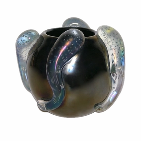 Costantini Italian Sculpture Iridescent Black Murano Glass Round Vase 
