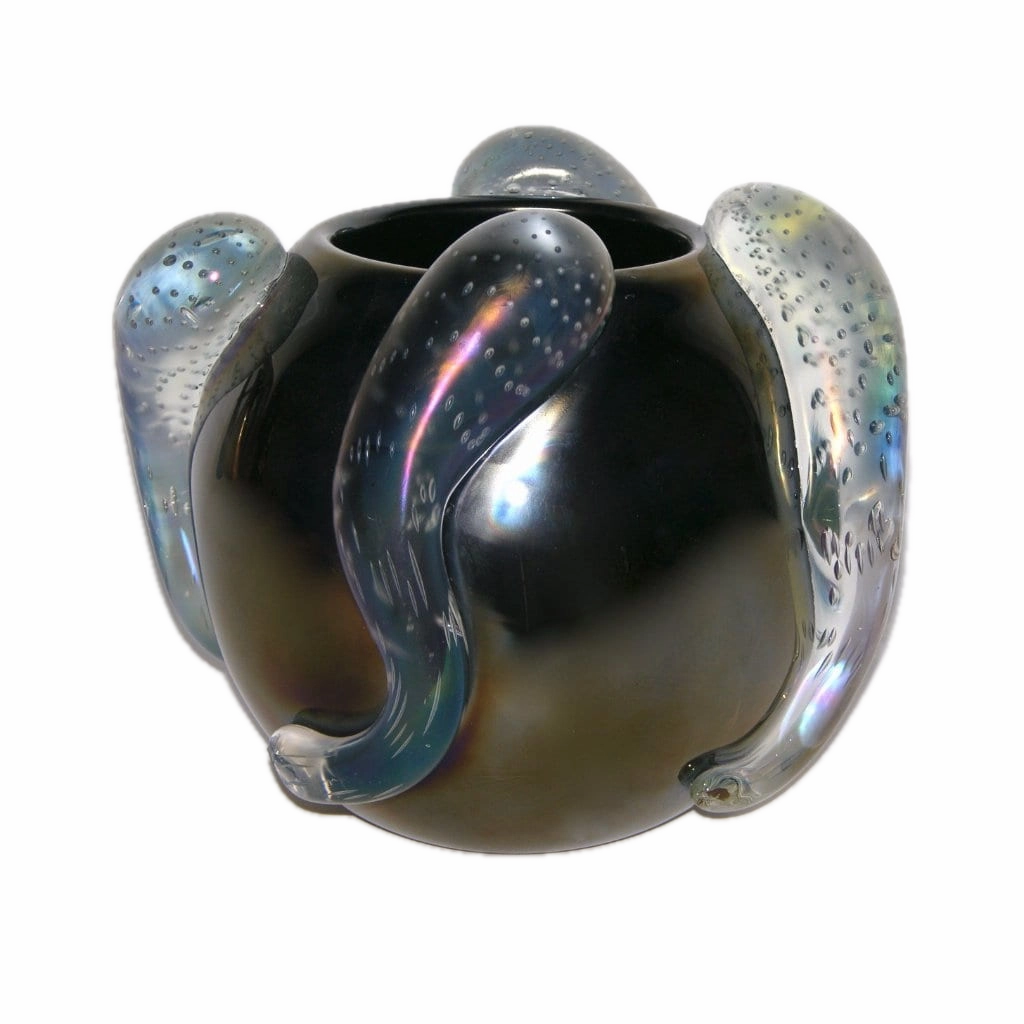 Costantini Italian Sculpture Iridescent Black Murano Glass Round Vase 