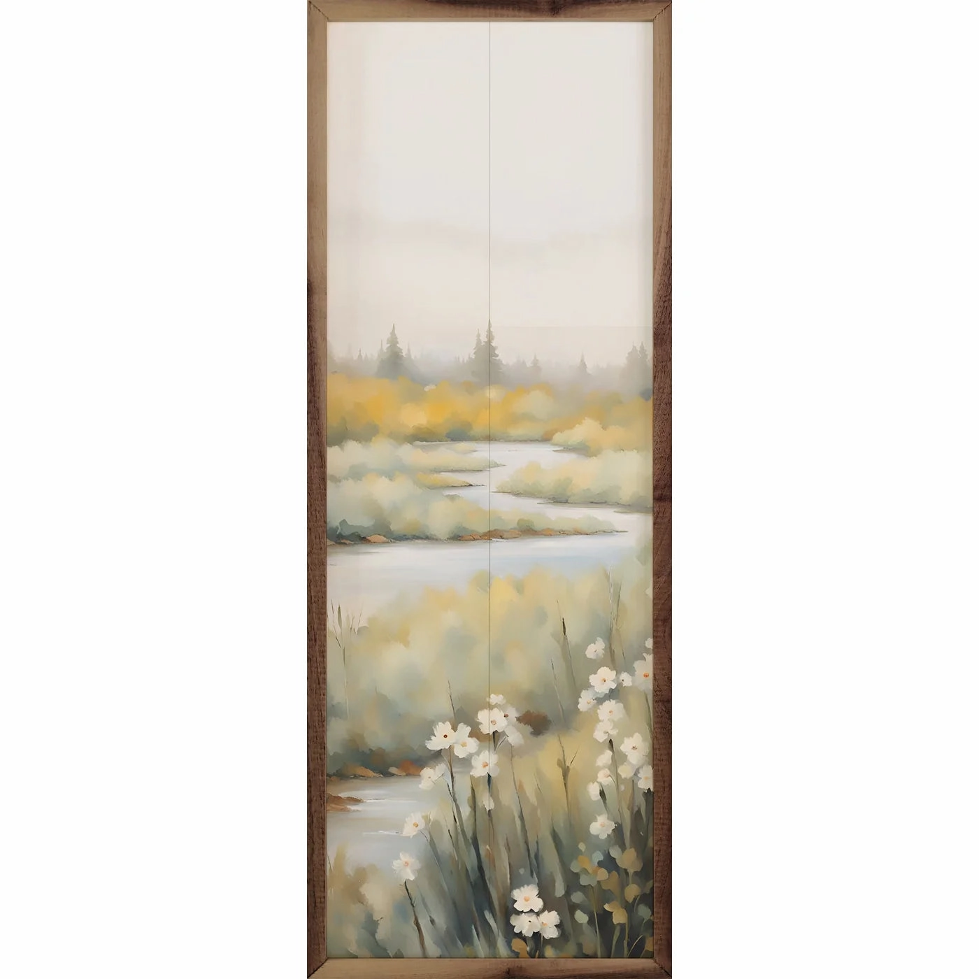 Creek With White Flowers Wood Framed Print 