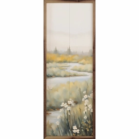 Creek With White Flowers Wood Framed Print 