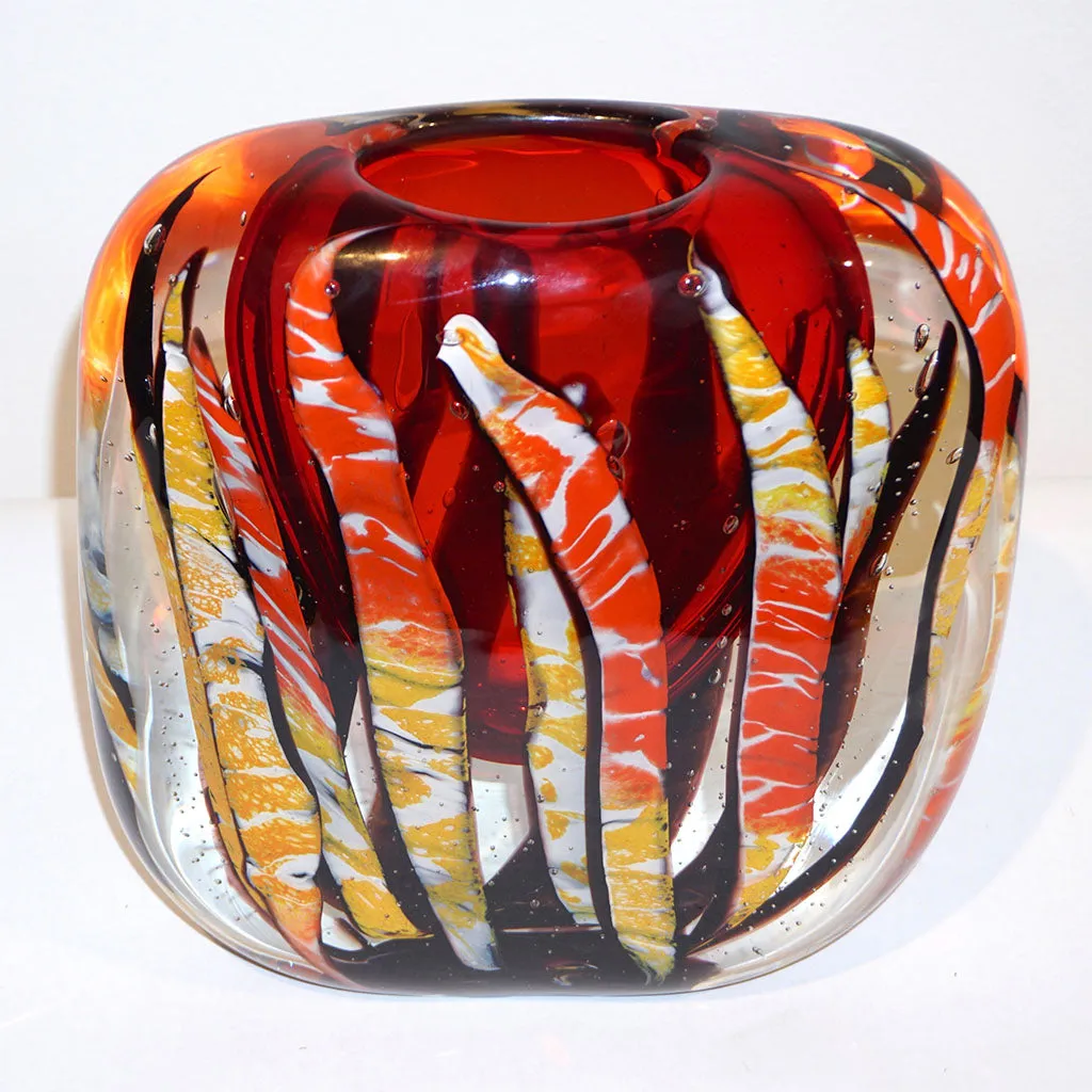 Cristian Onesto 2000s Crystal Black Red Cream White Murano Glass Organic Vase