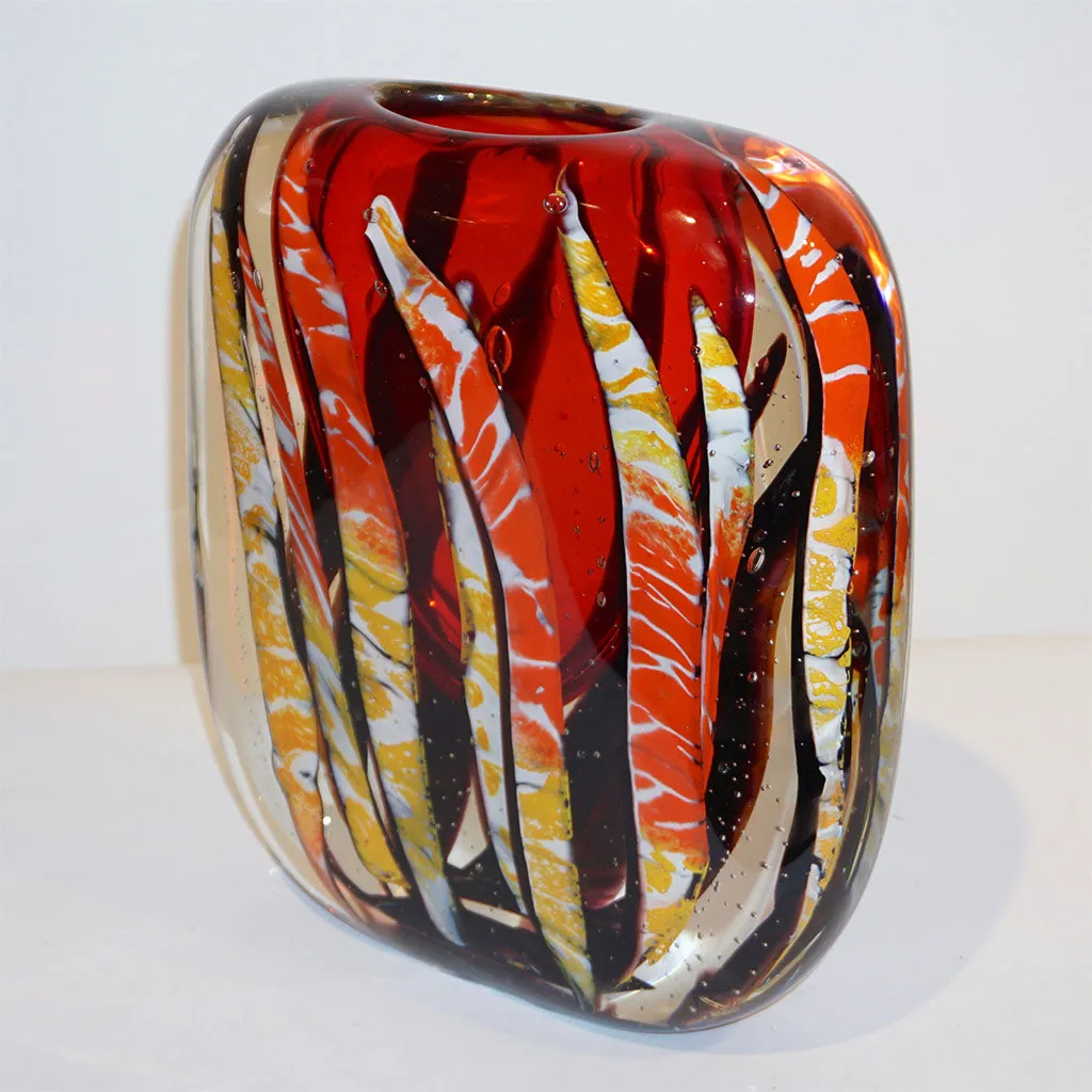 Cristian Onesto 2000s Crystal Black Red Cream White Murano Glass Organic Vase