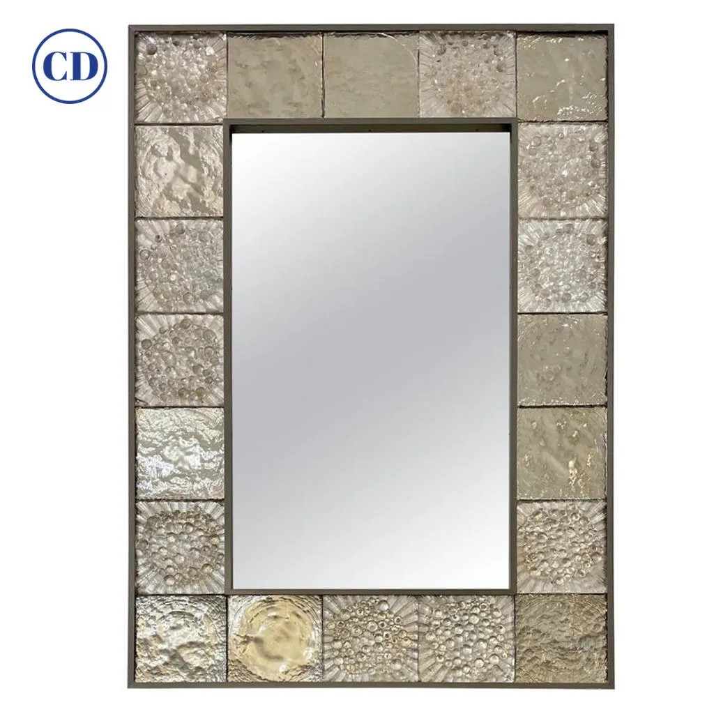 Customizable Italian Smoked Silver Murano Glass Geometric Gun Metal Tile Mirror 