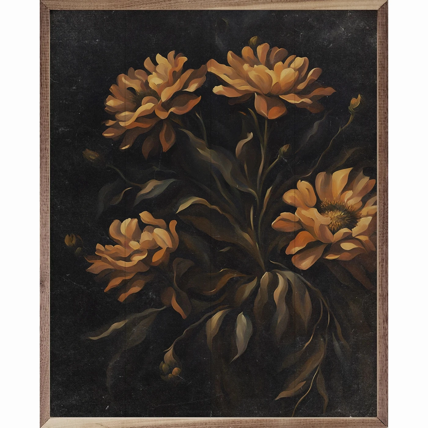 Dark Orange Florals Wood Framed Print 