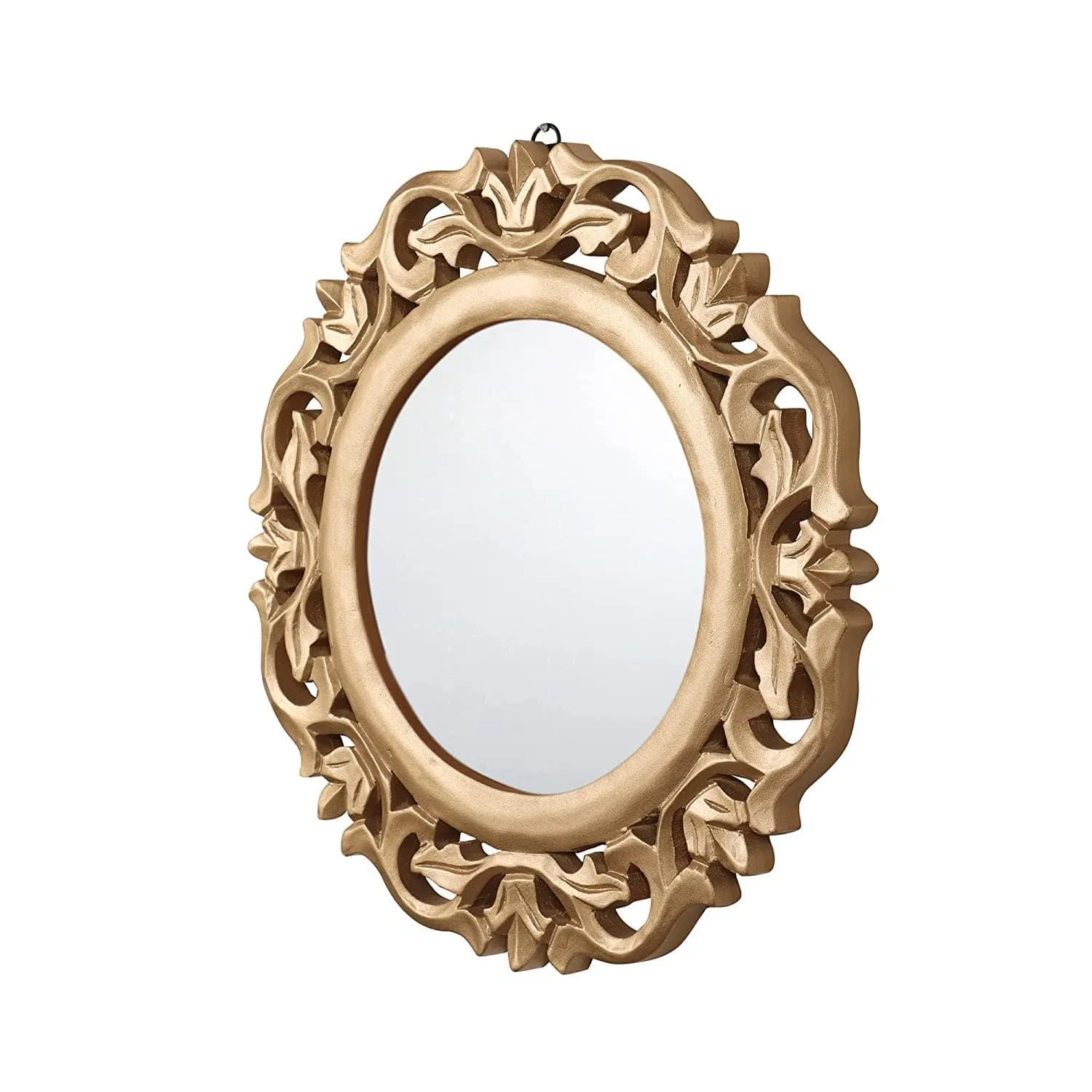 Decorative & Hand Crafted Wooden Mirror in Rich Gold Finish ( 14x14 x1), Round, Wall mounting, Framed