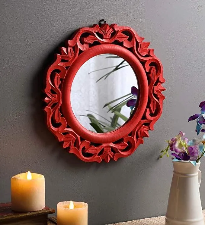 Decorative & Hand Crafted Wooden Mirror in Rich Gold Finish ( 14x14 x1), Round, Wall mounting, Framed