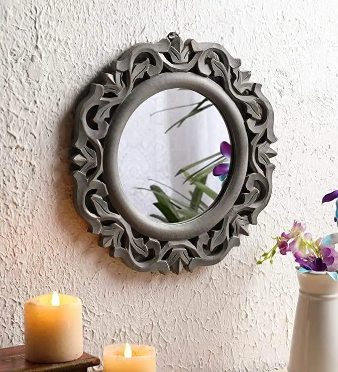 Decorative & Hand Crafted Wooden Mirror in Rich Gold Finish ( 14x14 x1), Round, Wall mounting, Framed