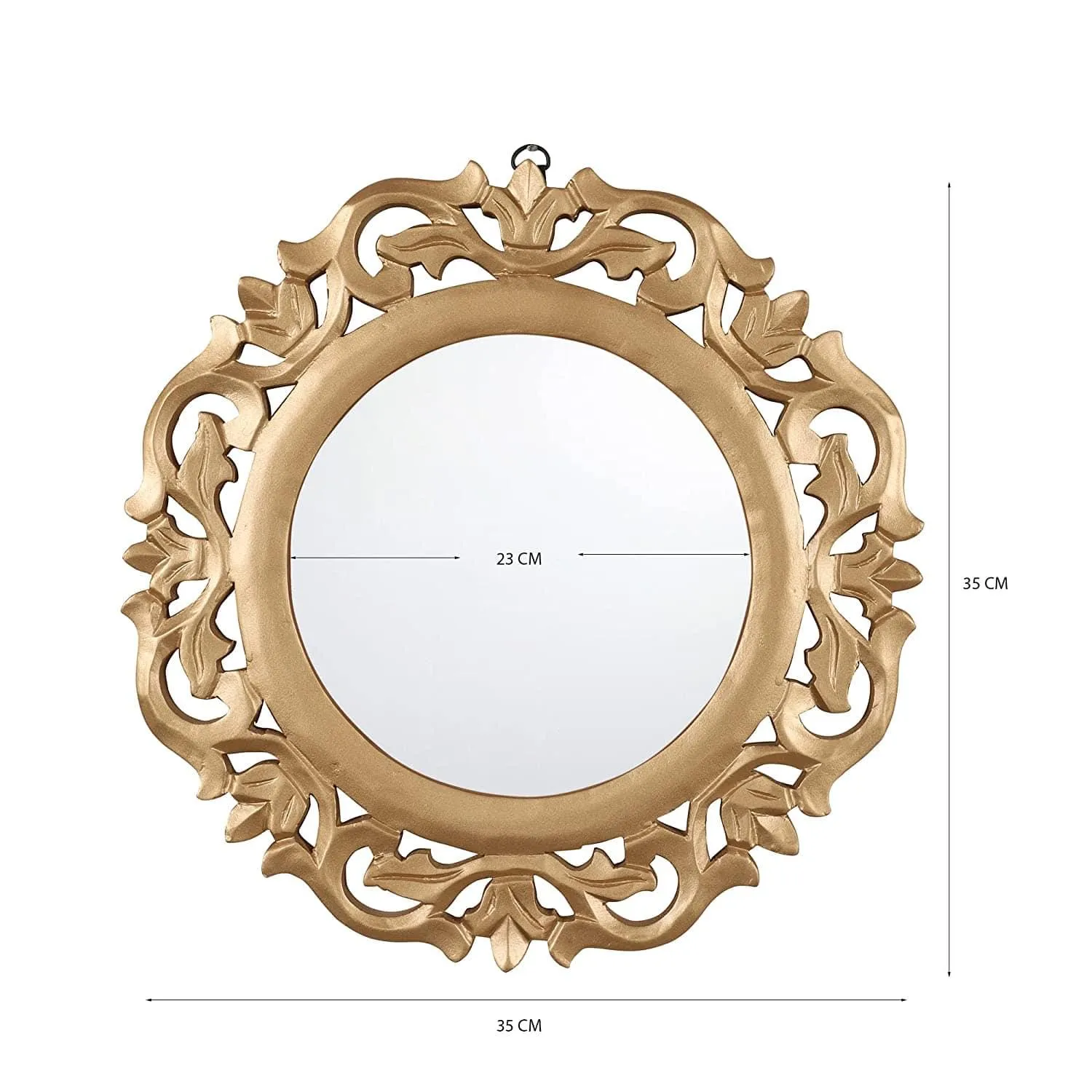 Decorative & Hand Crafted Wooden Mirror in Rich Gold Finish ( 14x14 x1), Round, Wall mounting, Framed